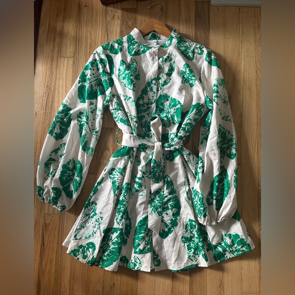 NWOT SHEIN Tropical Print Lantern Sleeve Belted Shirt Dress - Picture 5 of 11